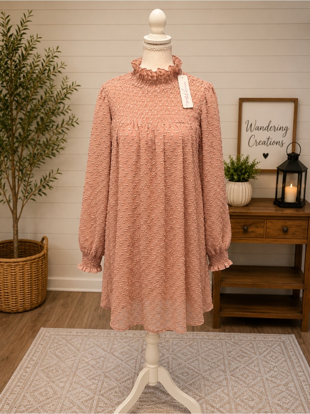 Hello MIZ Dusty Rose Long-Sleeve Textured Smocked Dress